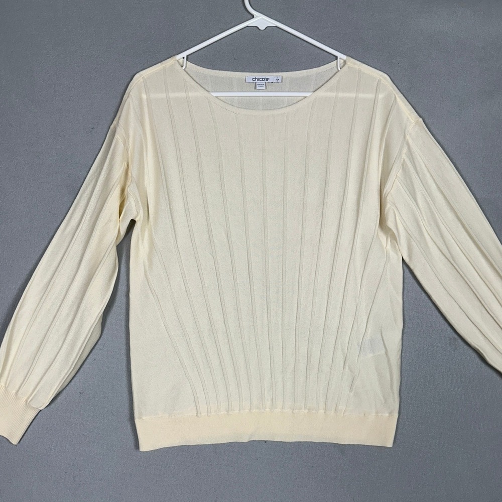 Chicos Sweater Womens Medium 1 Cream Ivory Ribbed Knit Boat Neck Long Sleeve EUC